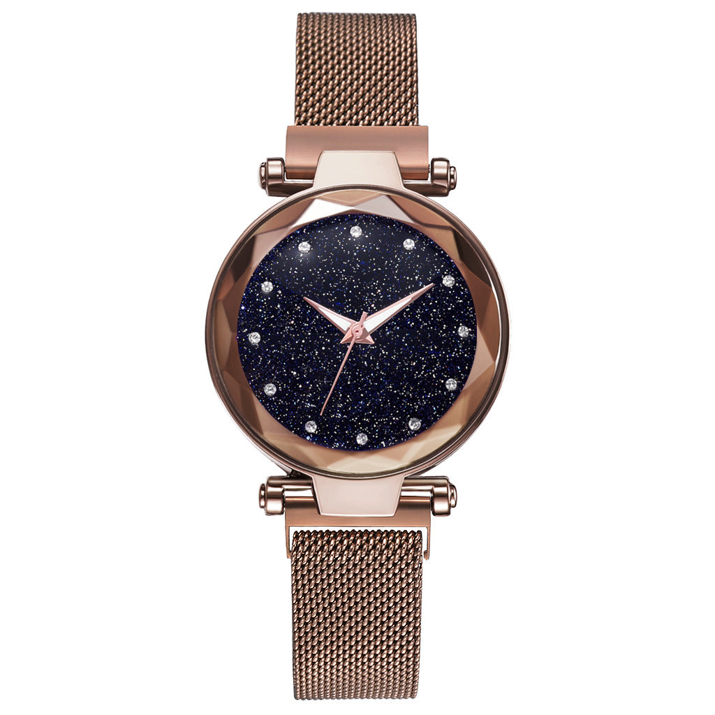 Rose gold mesh strap watch with a glittery black star dial, FashionRay stylish accessory
