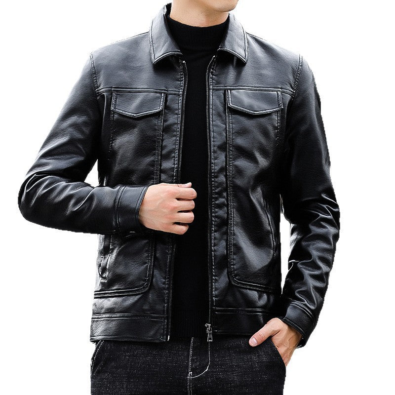Man wearing stylish black leather jacket from FashionRay, trendy casual fashion