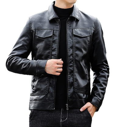 Man wearing stylish black leather jacket from FashionRay, trendy casual fashion