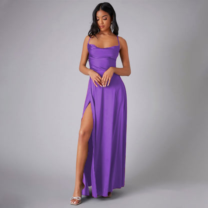 Summer Sexy Slimming Backless Strap Long Split Dress Women's Fashion High Waist Belted Gown V-neck