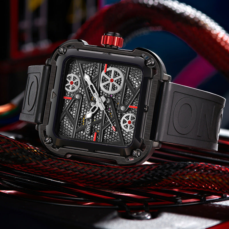 Square black designer men's watch with textured dial and red accents, FashionRay style