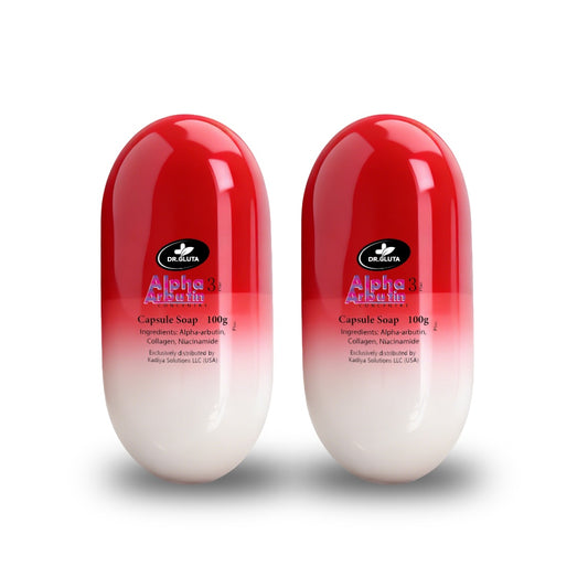 Two Dr. Gluta Alpha 3 Arbutin capsule soaps with red and white gradient packaging
