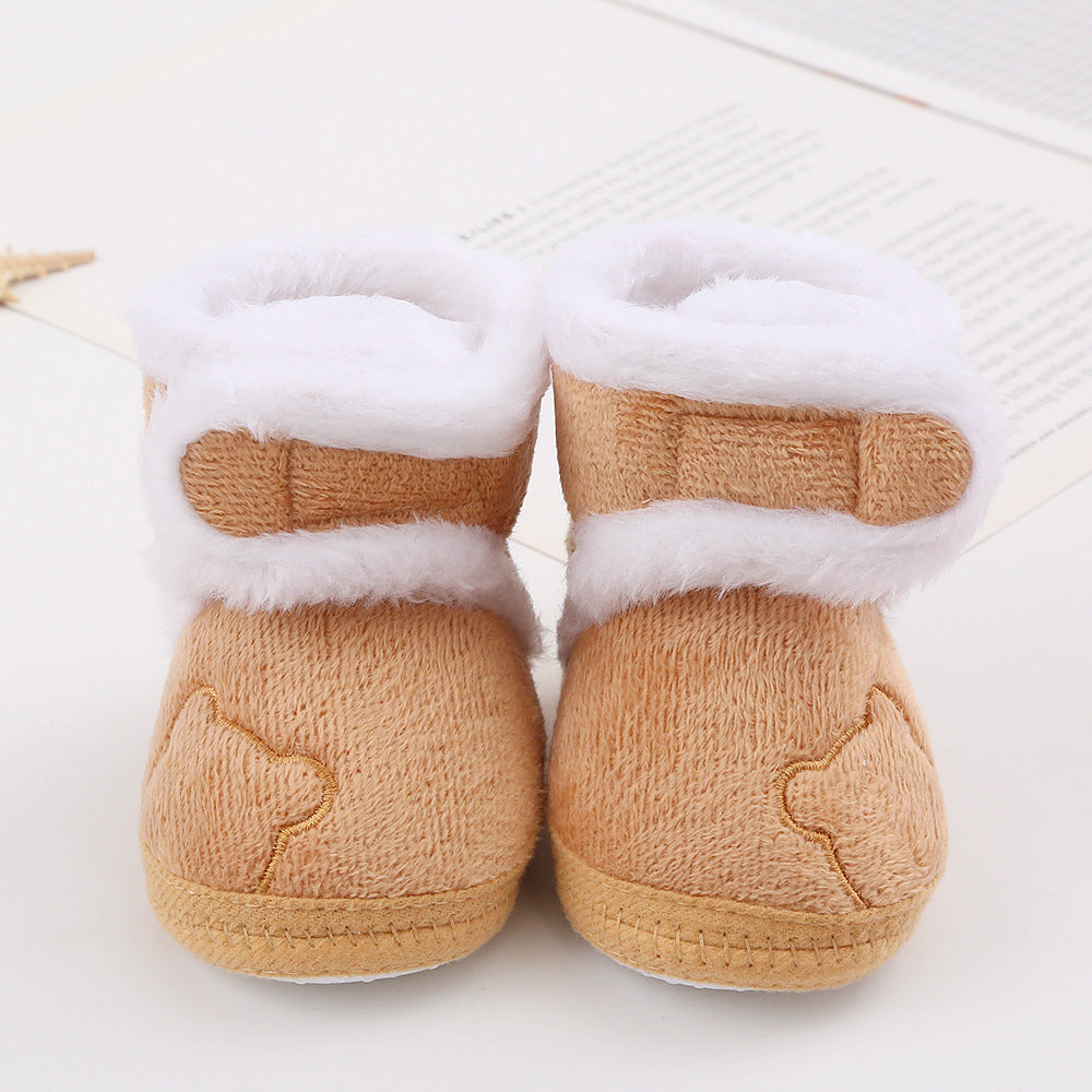 Cozy tan baby boots with white faux fur lining, teddy bear embroidery, FashionRay winter footwear