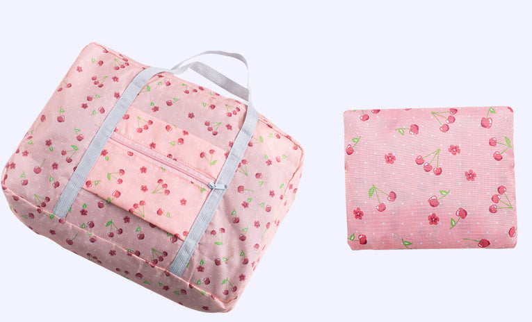 Pink cherry print travel bag and matching folded accessory, trendy and cute, FashionRay style