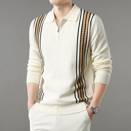 Men’s cream knit polo sweater with brown and black vertical stripes, FashionRay style.