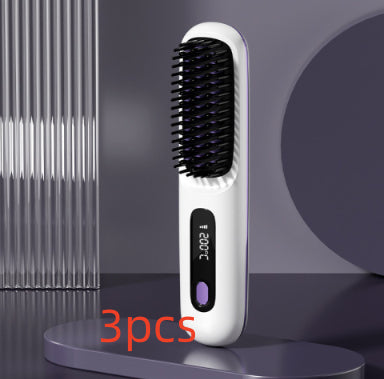 Electric hair straightening brush with digital display in modern purple setting, 3pcs