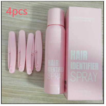 Pink hair identifier spray bottle with box and four pink hair clips on wood surface, FashionRay