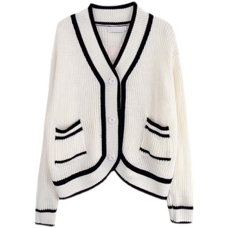 White knit cardigan with black trim and pockets, trendy women's fashion at FashionRay.