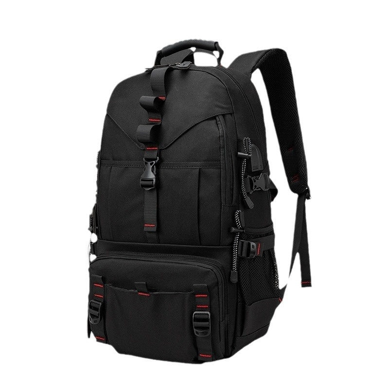 Black multifunctional fashion backpack with red accents, adjustable straps, and front pockets