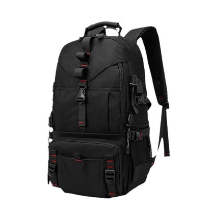 Black multifunctional fashion backpack with red accents, adjustable straps, and front pockets