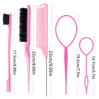 Pink hair styling tools set with measurements, including brush, comb, and loop tools on white background