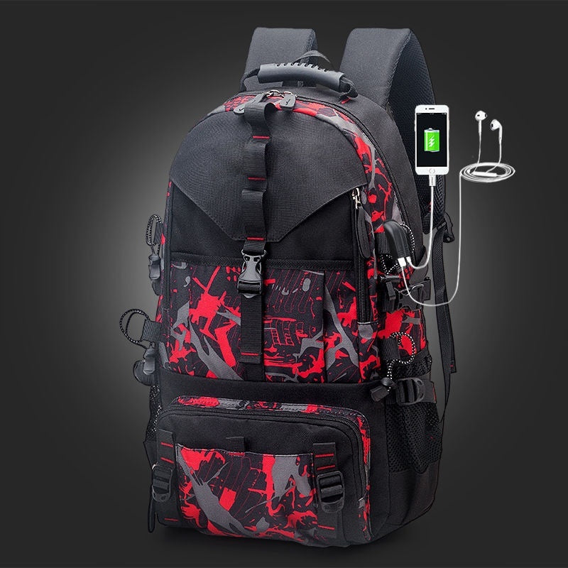 Black and red fashion backpack with USB charging port and headphone jack, FashionRay