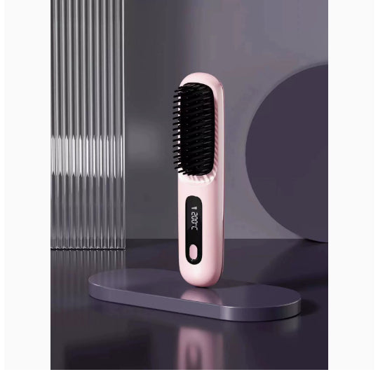 Pink electric hair straightening brush with LED display, modern background, FashionRay