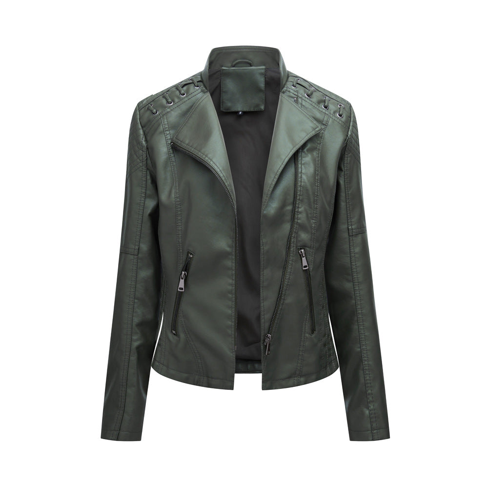 FashionRay women's dark green faux leather biker jacket with zipper pockets and lace-up shoulders
