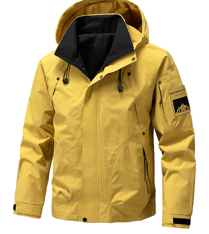 Yellow men's hooded waterproof jacket with mountain patch, FashionRay outerwear