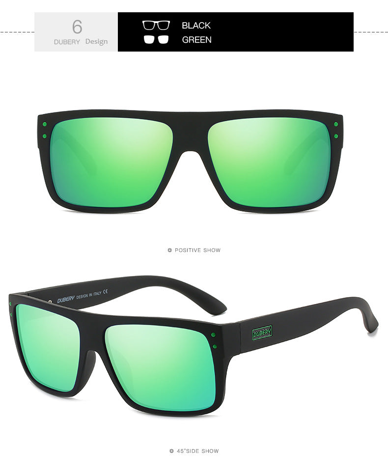 FashionRay black sunglasses with green mirrored lenses, modern square frame, Dubery branding