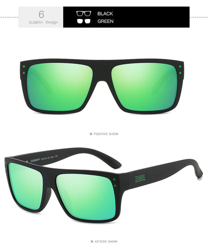 FashionRay black sunglasses with green mirrored lenses, modern square frame, Dubery branding