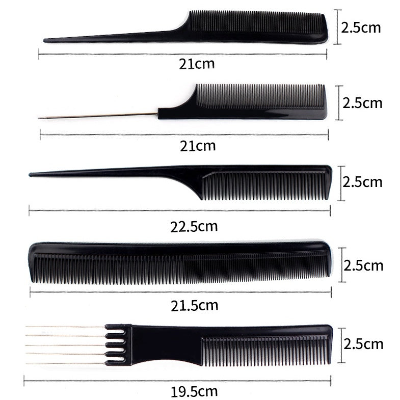 Set of five black hair styling combs with handles, various shapes and measurements, on white background.