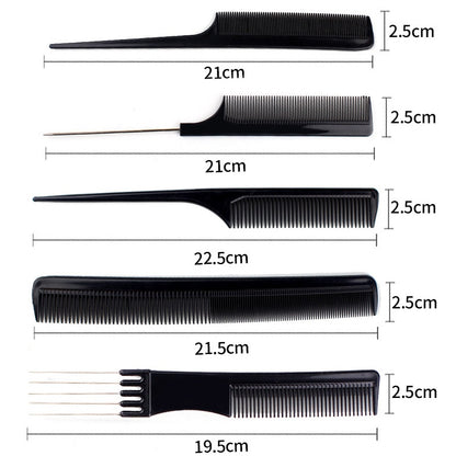 Set of five black hair styling combs with handles, various shapes and measurements, on white background.
