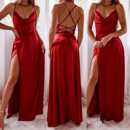 Summer Sexy Slimming Backless Strap Long Split Dress Women's Fashion High Waist Belted Gown V-neck