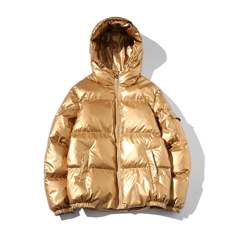 Metallic gold puffer jacket with hood, trendy winter outerwear from FashionRay