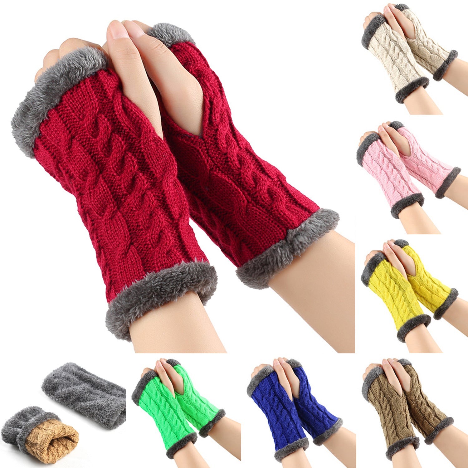 Colorful knitted fingerless gloves with faux fur trim, cozy fashion accessories from FashionRay