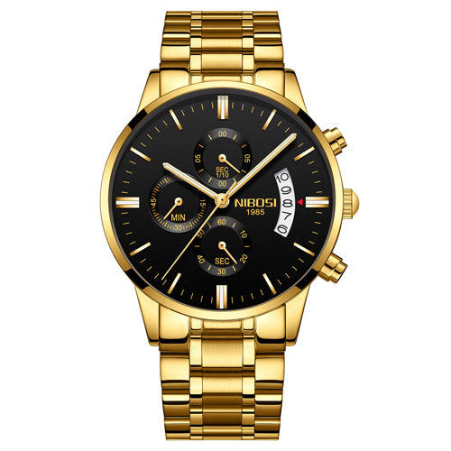 Gold NIBOSI men's chronograph watch with black dial and date display, FashionRay accessory