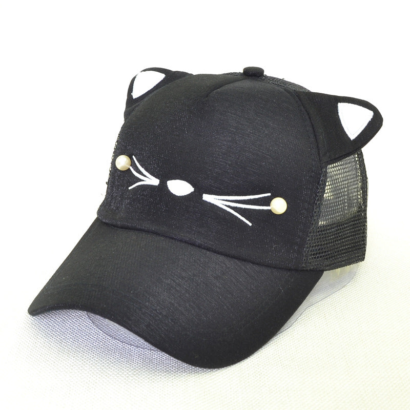 Black mesh trucker hat with cute cat ears and embroidered white whiskers, FashionRay style