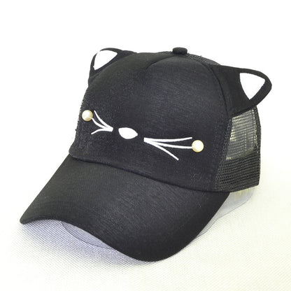 Black mesh trucker hat with cute cat ears and embroidered white whiskers, FashionRay style