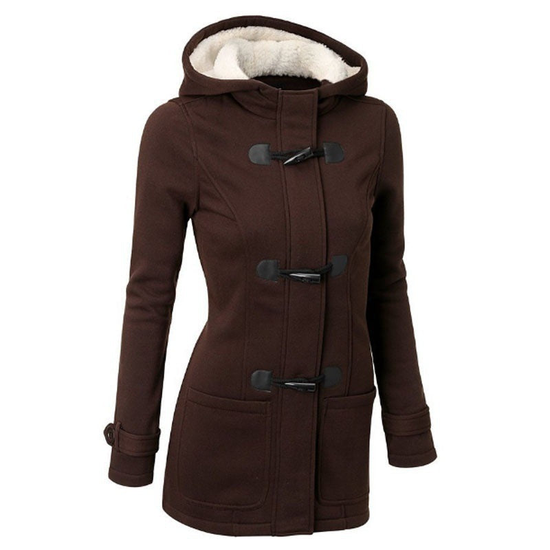 Women's brown hooded toggle coat with faux fur lining, FashionRay trendy outerwear