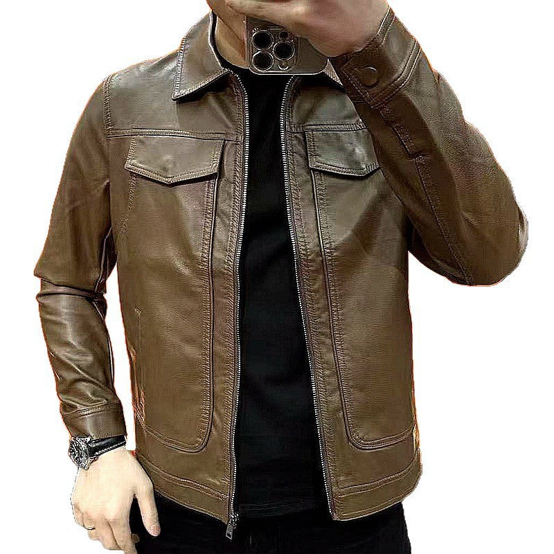Men's brown leather jacket from FashionRay, front view, stylish casual outerwear