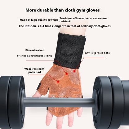 High quality brown leather gym glove with wrist support and anti-slip palm, holding a barbell, FashionRay