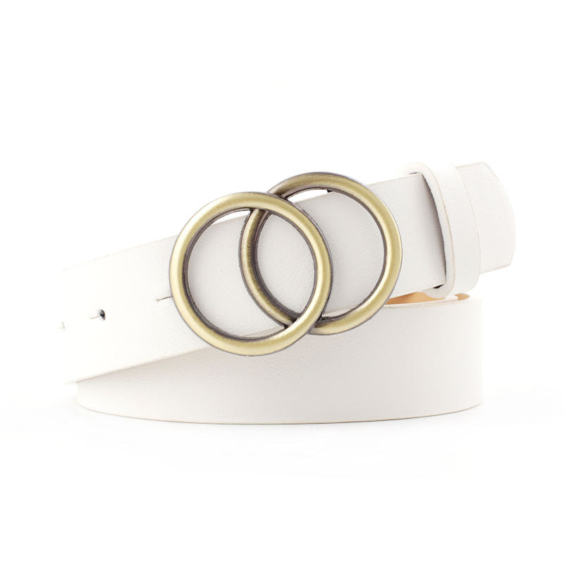 White fashion belt with gold double ring buckle, trendy accessory from FashionRay