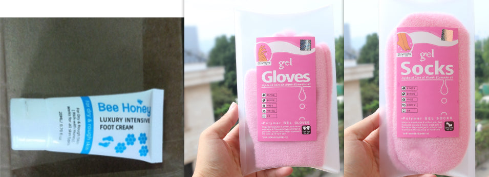 Bee Honey foot cream, pink gel gloves, and pink gel socks set from FashionRay for comfort and skincare.