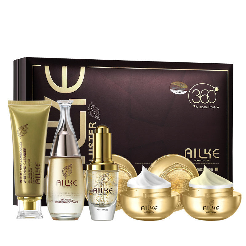 Ailke skincare set with cleanser, toner, serum, day and night creams in gold packaging