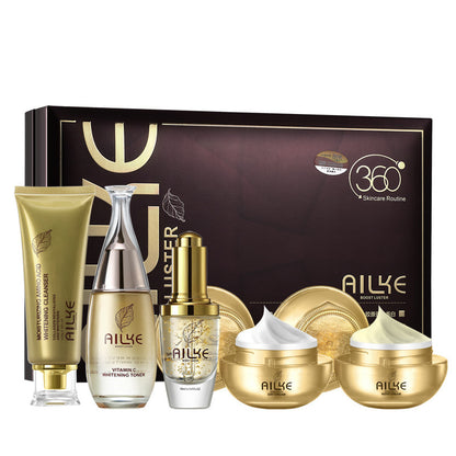 Ailke skincare set with cleanser, toner, serum, day and night creams in gold packaging