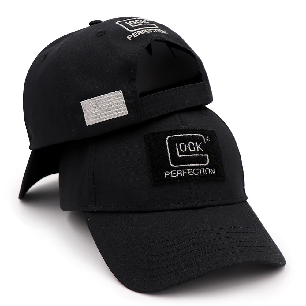 Black FashionRay cap with embroidered 'LOCK PERFECTION' patch and flag detail, modern style