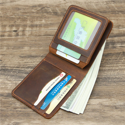 Brown leather wallet with cards and cash on wooden surface, FashionRay accessory