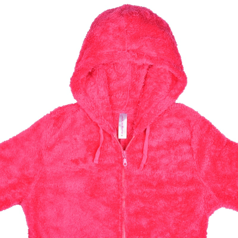 Bright pink fuzzy hooded zip-up jacket from FashionRay, cozy and trendy outerwear