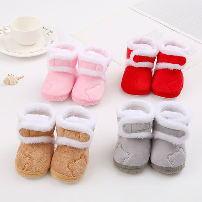 FashionRay baby boots in pink, red, tan, and gray with faux fur trim on white background