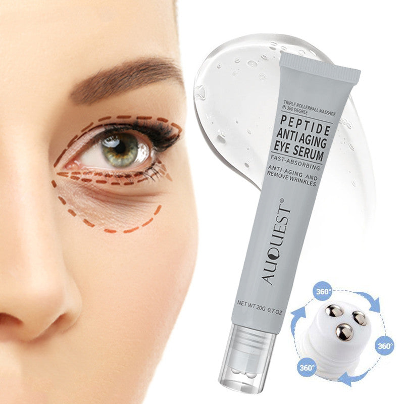 Peptide anti-aging eye serum for wrinkles shown near woman's eye, FashionRay skincare