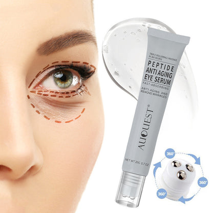 Peptide anti-aging eye serum for wrinkles shown near woman's eye, FashionRay skincare