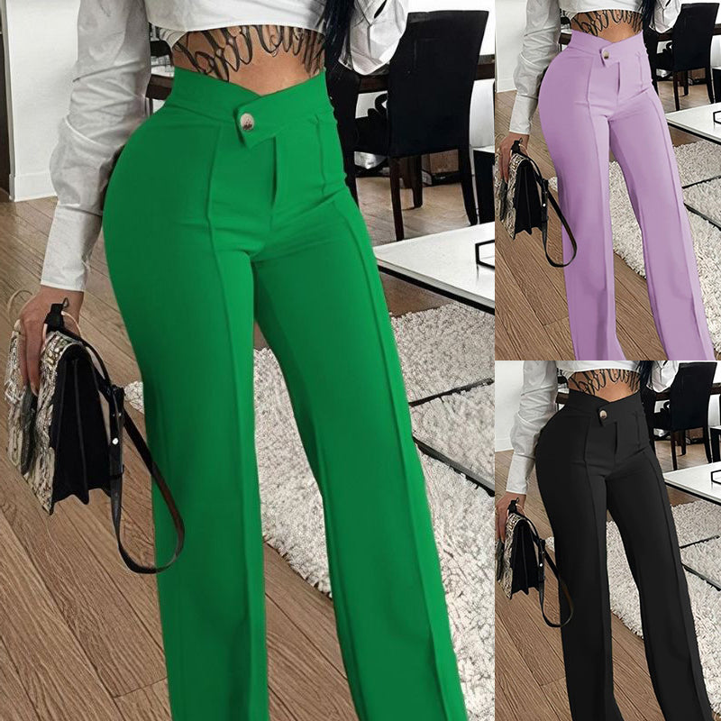 Woman modeling FashionRay high-waisted wide-leg pants in green, lavender, and black indoors