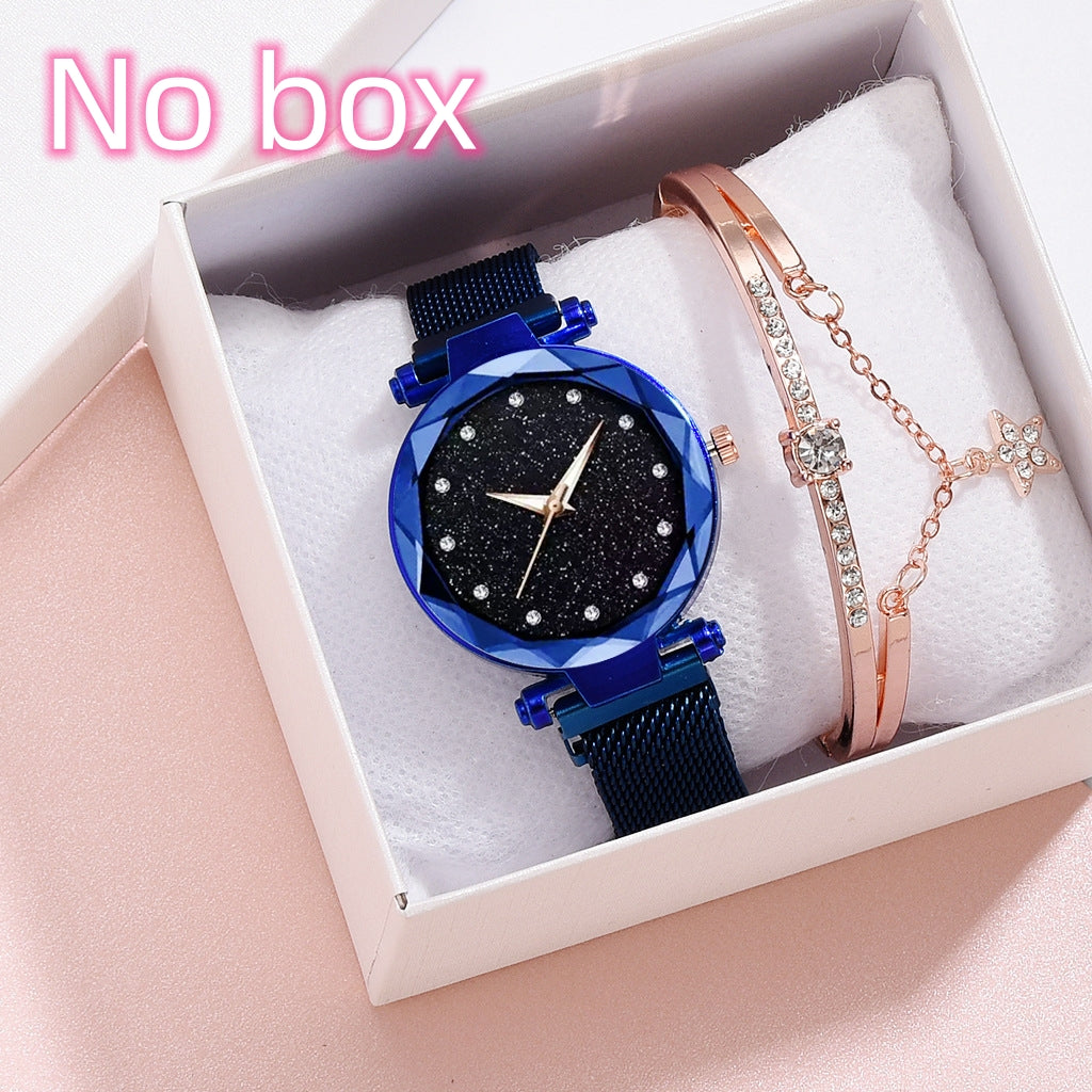 Blue crystal watch and rose gold bracelet set on white cushion, no box, FashionRay accessories