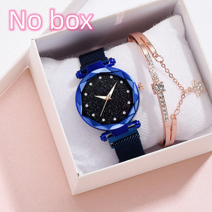 Blue crystal watch and rose gold bracelet set on white cushion, no box, FashionRay accessories