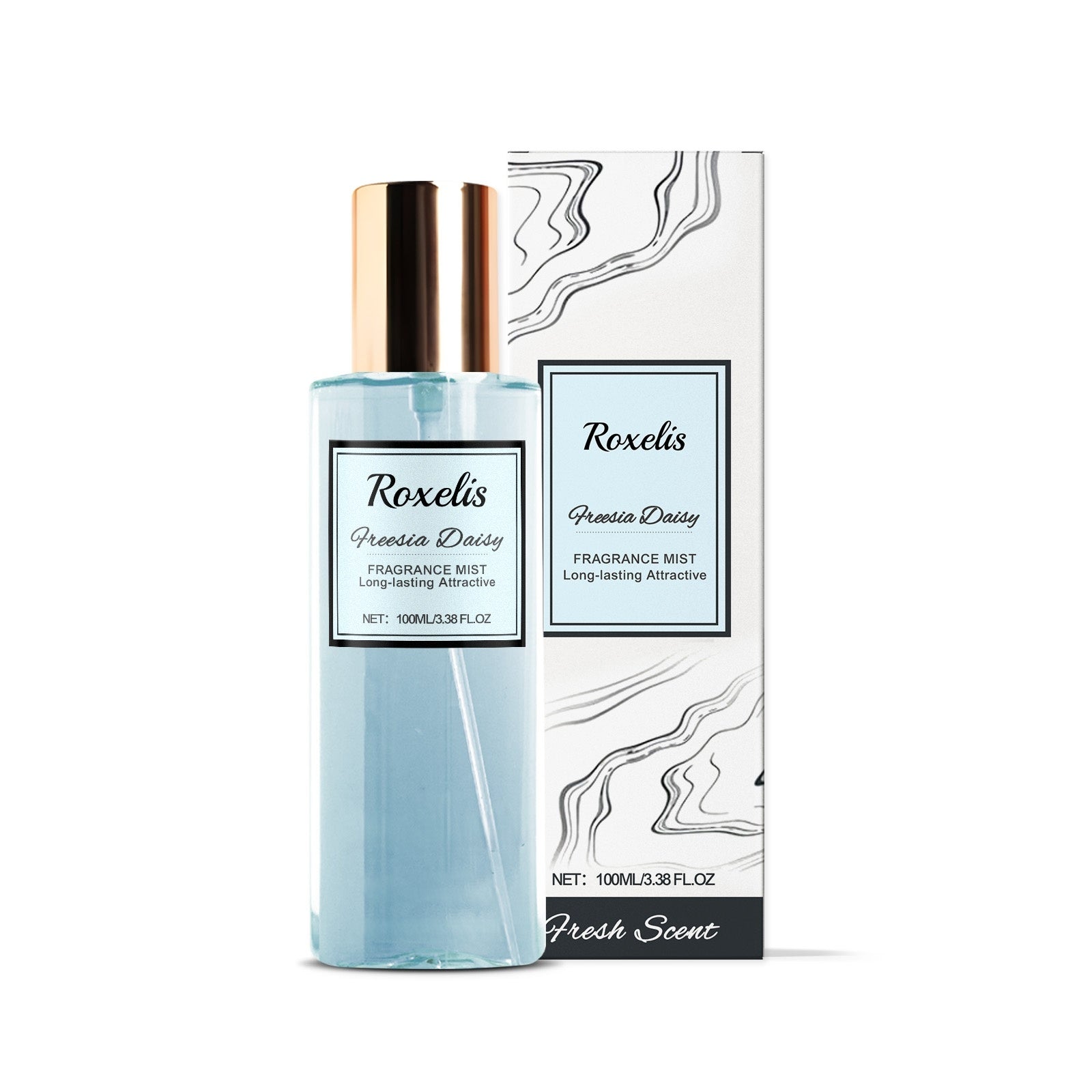 Roxelis Freesia Daisy fragrance mist 100ml with marbled box, fresh scent fashion accessory