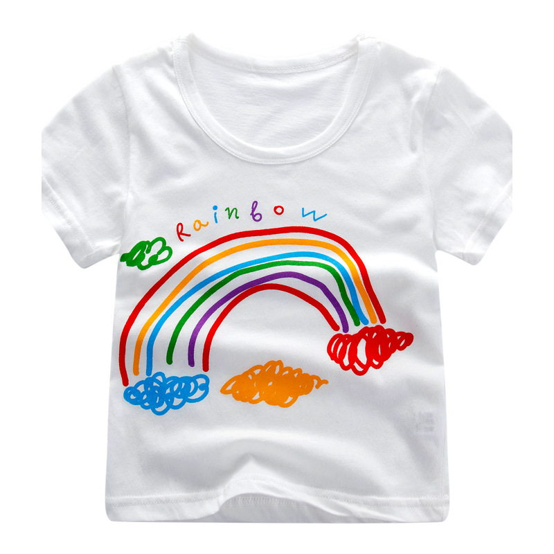 White kids t-shirt with colorful rainbow and cloud print, FashionRay trendy casual wear