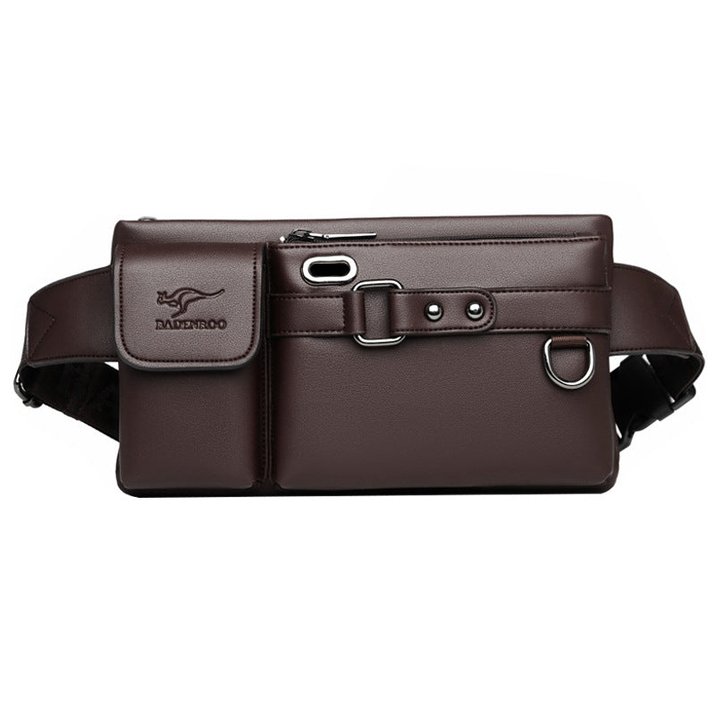 Brown leather waist bag with multiple pockets and silver hardware, FashionRay accessory
