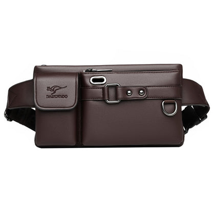Brown leather waist bag with multiple pockets and silver hardware, FashionRay accessory