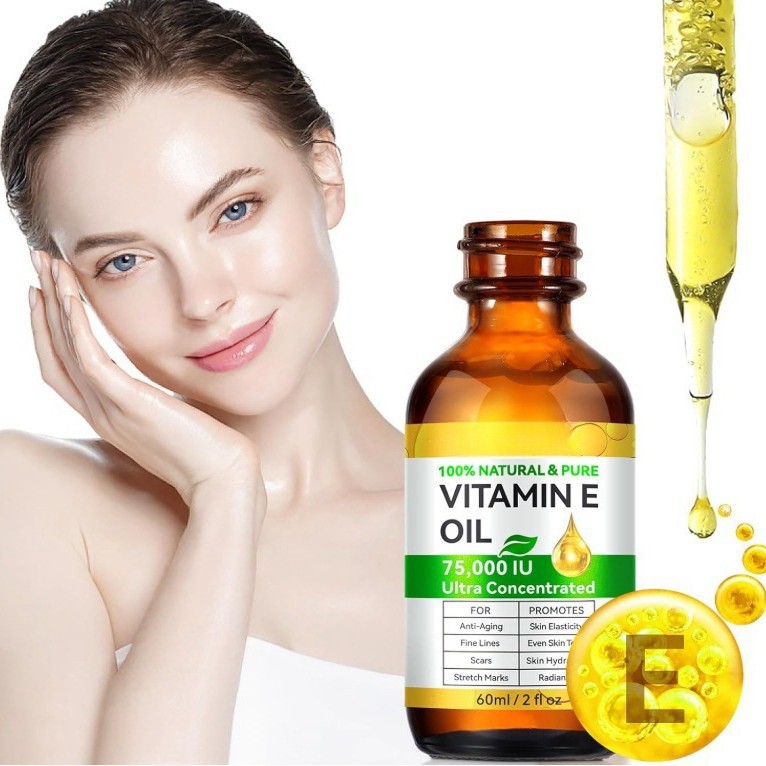 Woman with glowing skin holding face, next to Vitamin E oil bottle, skincare at FashionRay.